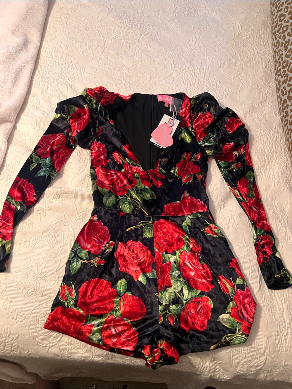 NWT Black Velvet Romper with Red Rose Print